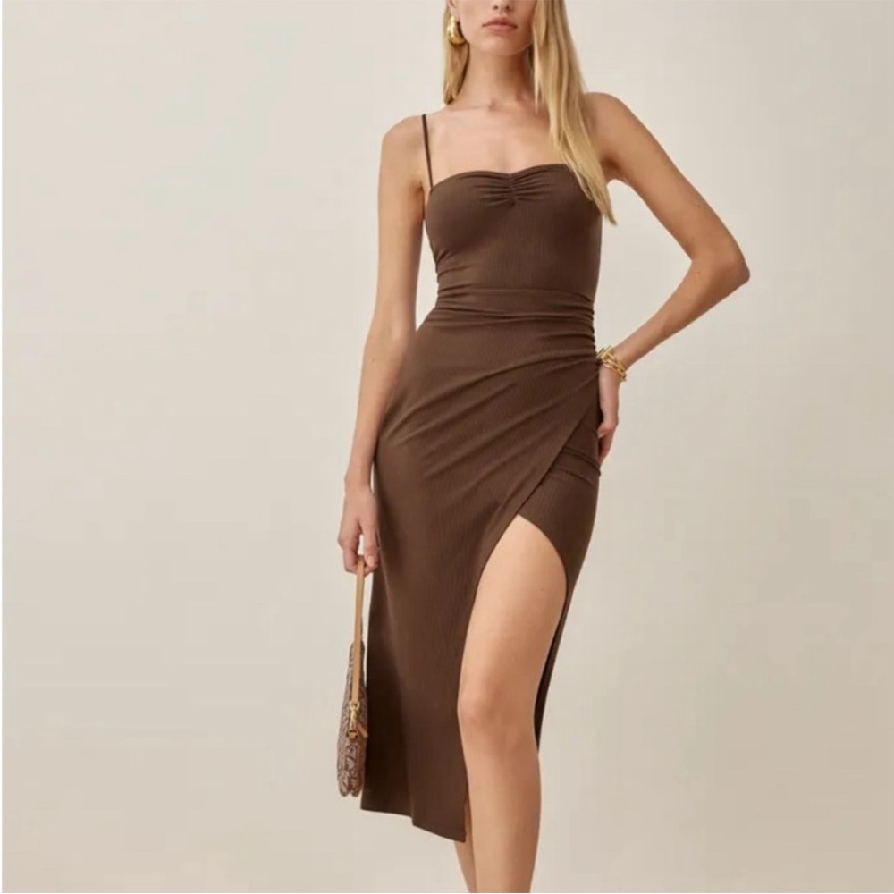 Reformation Brown Ribbed Midi Dress with Side Slit